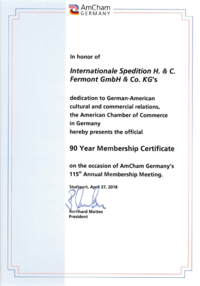 Zertifikat AmCham Germany 90 Jahre Mitgliedschaft
