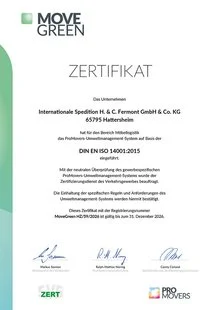 Zertifikat MOVE GREEN DIN EN ISO 14001:2015