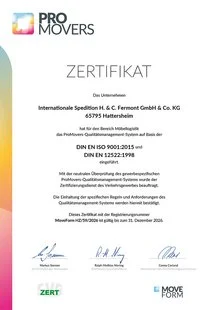Zertifikat ProMovers 2025 DIN EN ISO 9001:2015, DIN EN 12522:1998