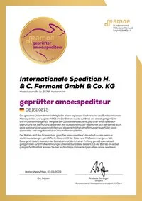 Zertifikat amoe Bunderverband Möbelspedition und Logistik AMÖ e. V. geprüfter amoe:spediteur